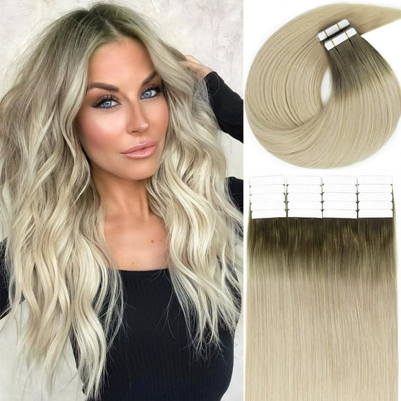Lacer Hair Natural Hair Remy Tape in Human Hair Extensions #8G/60A Light Ash Brown to Light Platinum Blond Dip Dyed Seamless PU Skin Weft Real Remy Invisib