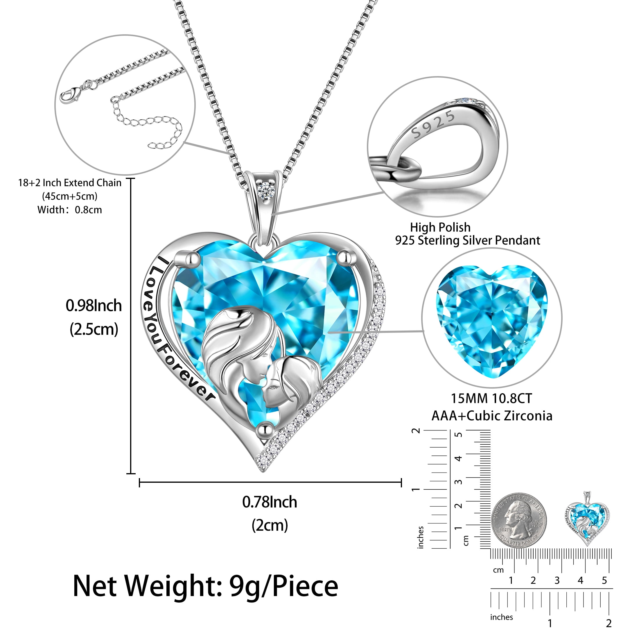 Juwaliy Women Heart Necklace for Mother Daughter 925 Sterling Silver Blue Aquamarine Birthstone Pendant Jewelry Mom March Birthday Mother's Day Gift