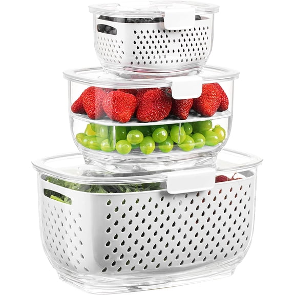 Fresh Produce Vegetable Fruit Storage Containers 3Piece Set, BPA-free Fridge Storage Container, Partitioned Salad Container, Fridge Organizers, Used in Storing Fruits Vegetables, Gray