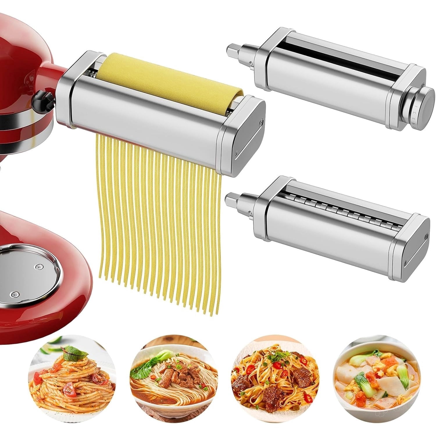 Cfweater Compatible with KitchenAid Stand Mixer Pasta Attachment, 3-Piece Stainless Steel Set with Roller & Cutters, Silver.