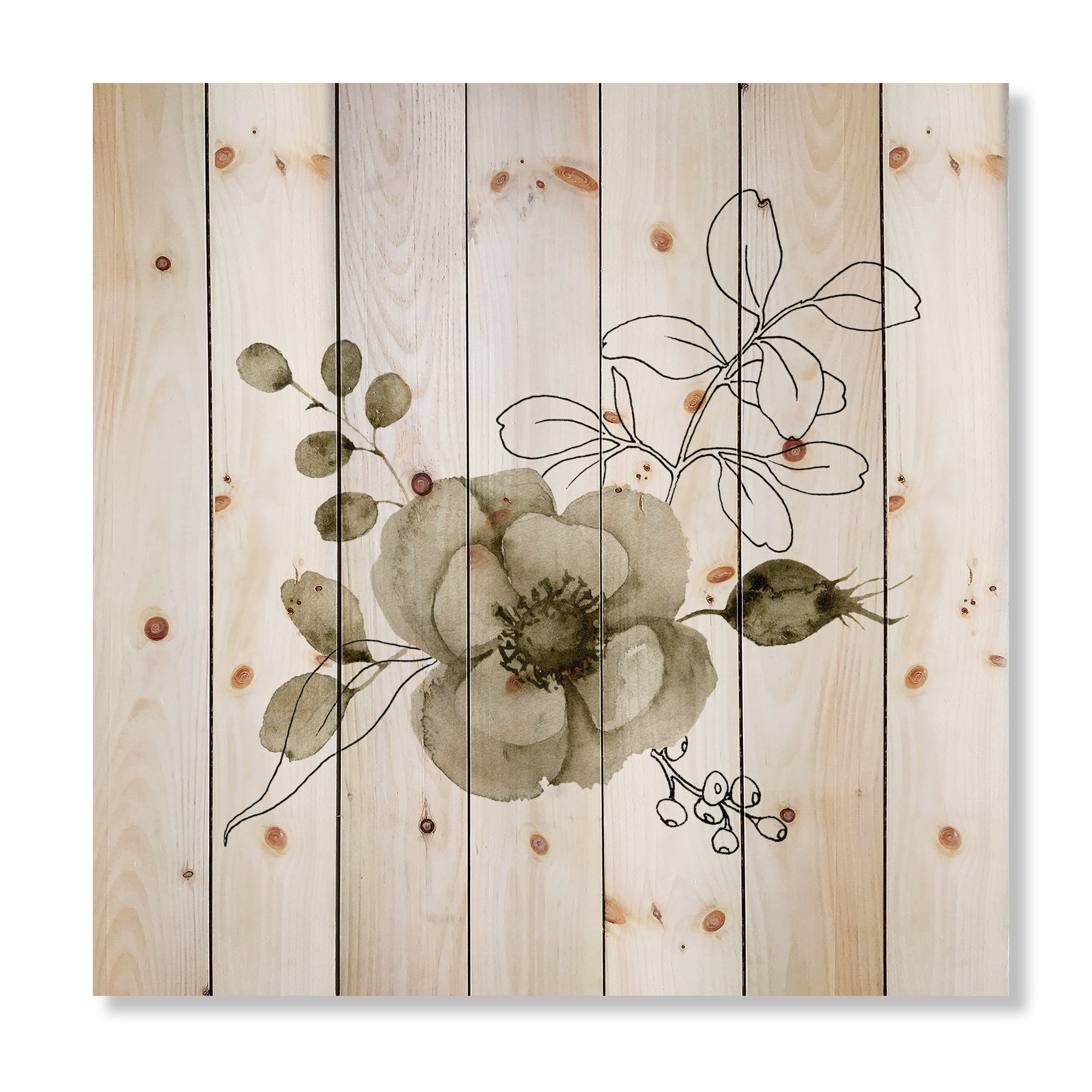 Designart 'Eucalyptus Branches With Anemone Bouquet Flower II' Traditional Print on Natural Pine Wood