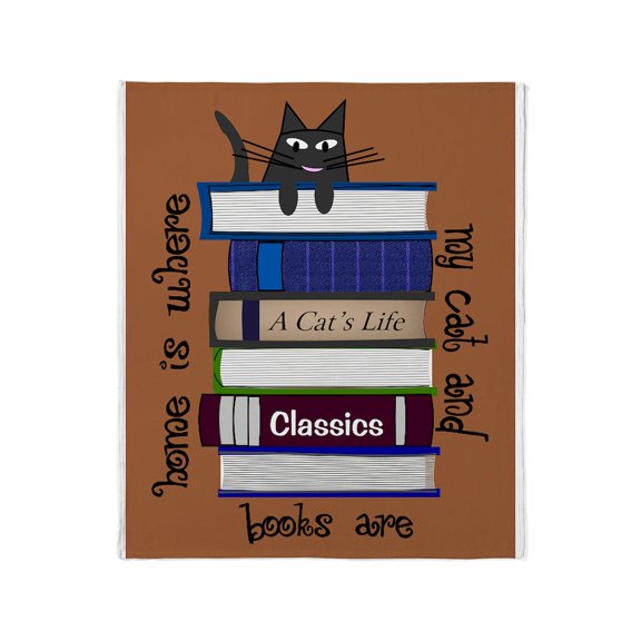CafePress - Home Is Where Cat And Books Are Brown Throw Blanke - Soft Fleece Throw Blanket, 50"x60" for All Ages