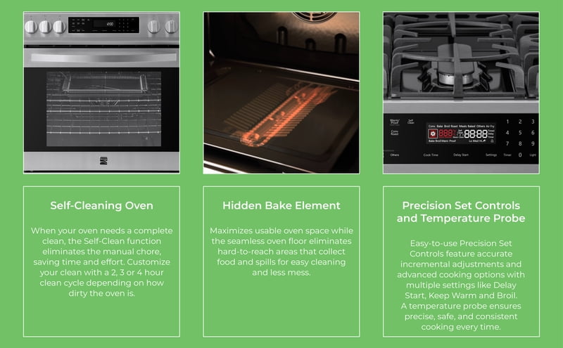 Kenmore 5.6 cu. ft. Front-Control 5 Burner True Convection Gas Range (240V) with Oven, Large Window, Three Oven Racks, Dishwasher Safe Cast Iron Grates