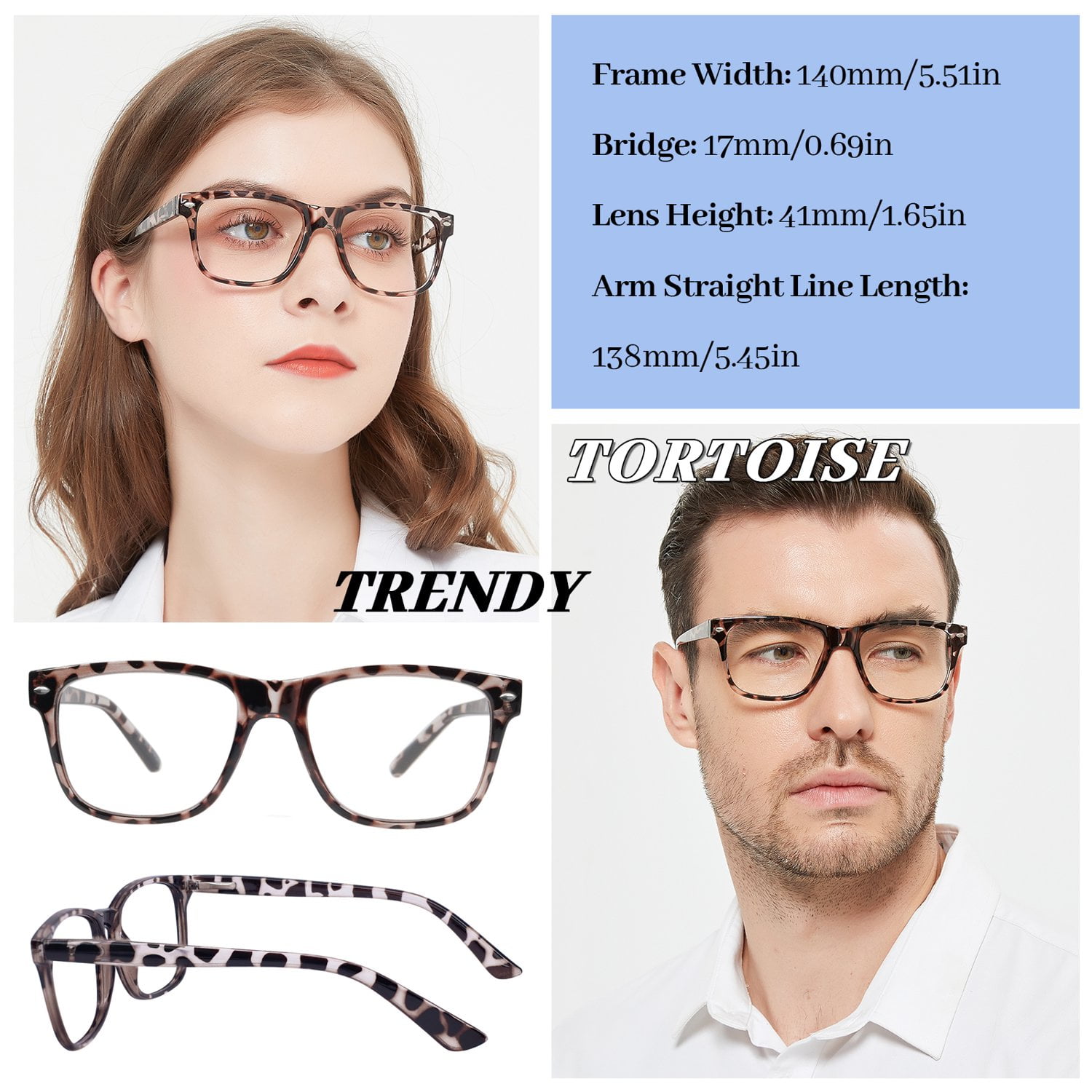 WEMOOTANTS 4 Pack Reading Glasses +4.0 for Women Men, Large Square Readers 400 Tortoise Mens Designer Reader Glasses