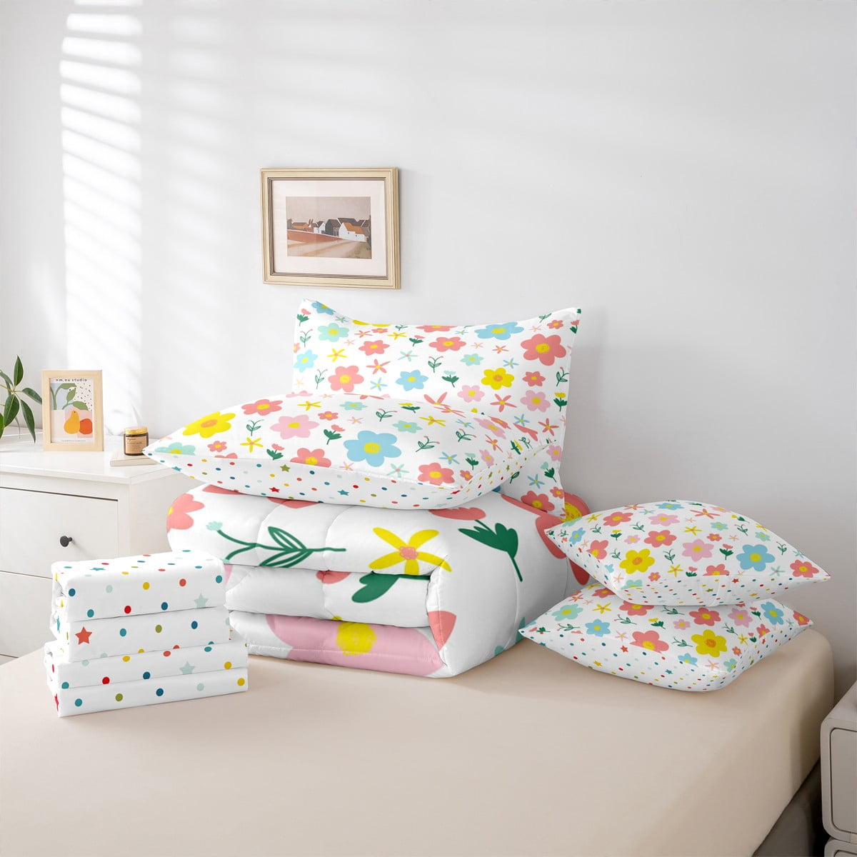 jejeloiu Kawaii Floral Daisy Bedding Comforter Set 7 Pieces,Botanical Flower Leaves Full Bedding Set,White Pink Yellow Fitted Sheet Flat Sheet For Girls,Breathable Bedroom Decor Reversible