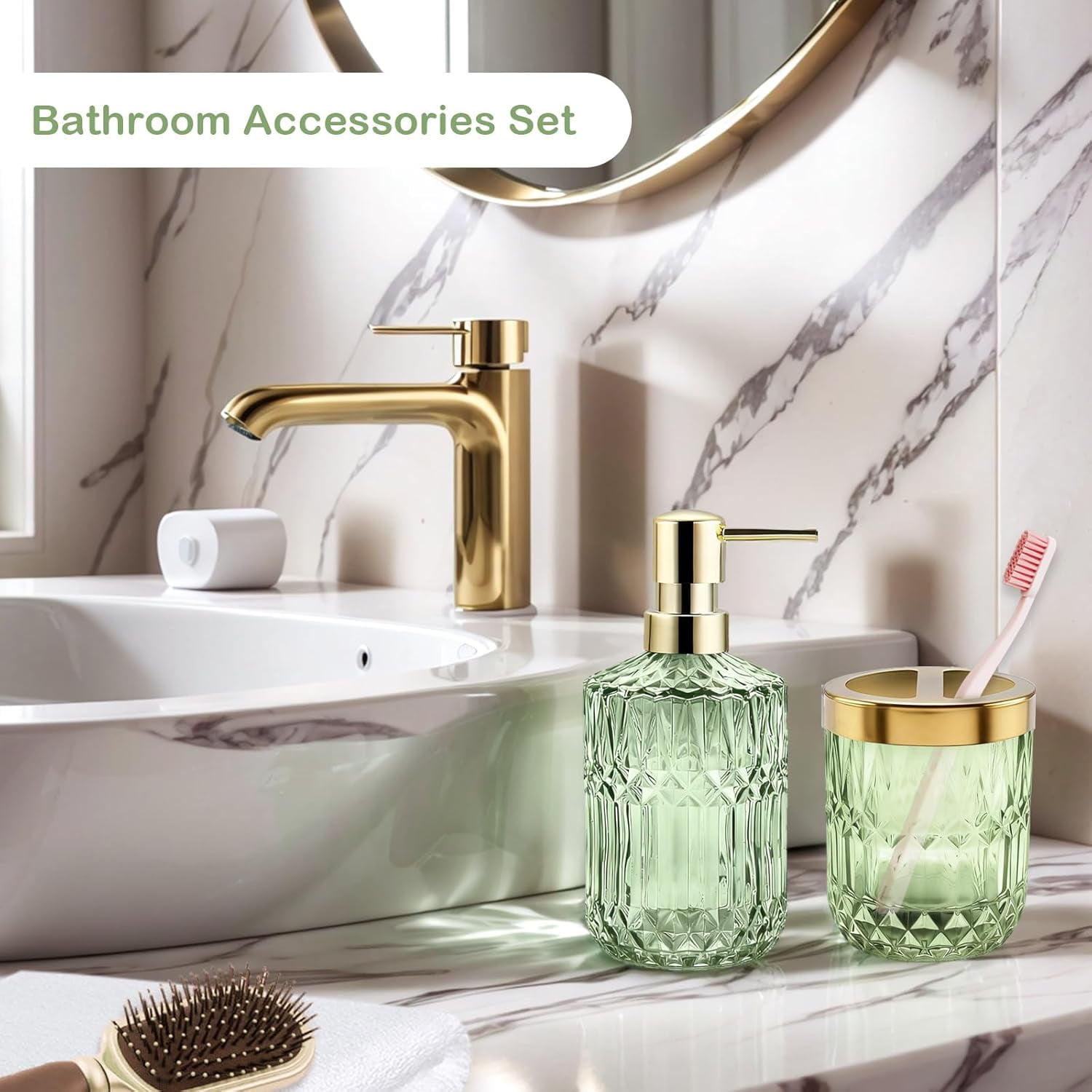 Bathroom Accessories Set, Glass Bathroom Accessories, Vintage Bathroom Countertop Decoration Includes Soap Dispenser, Toothbrush Holder