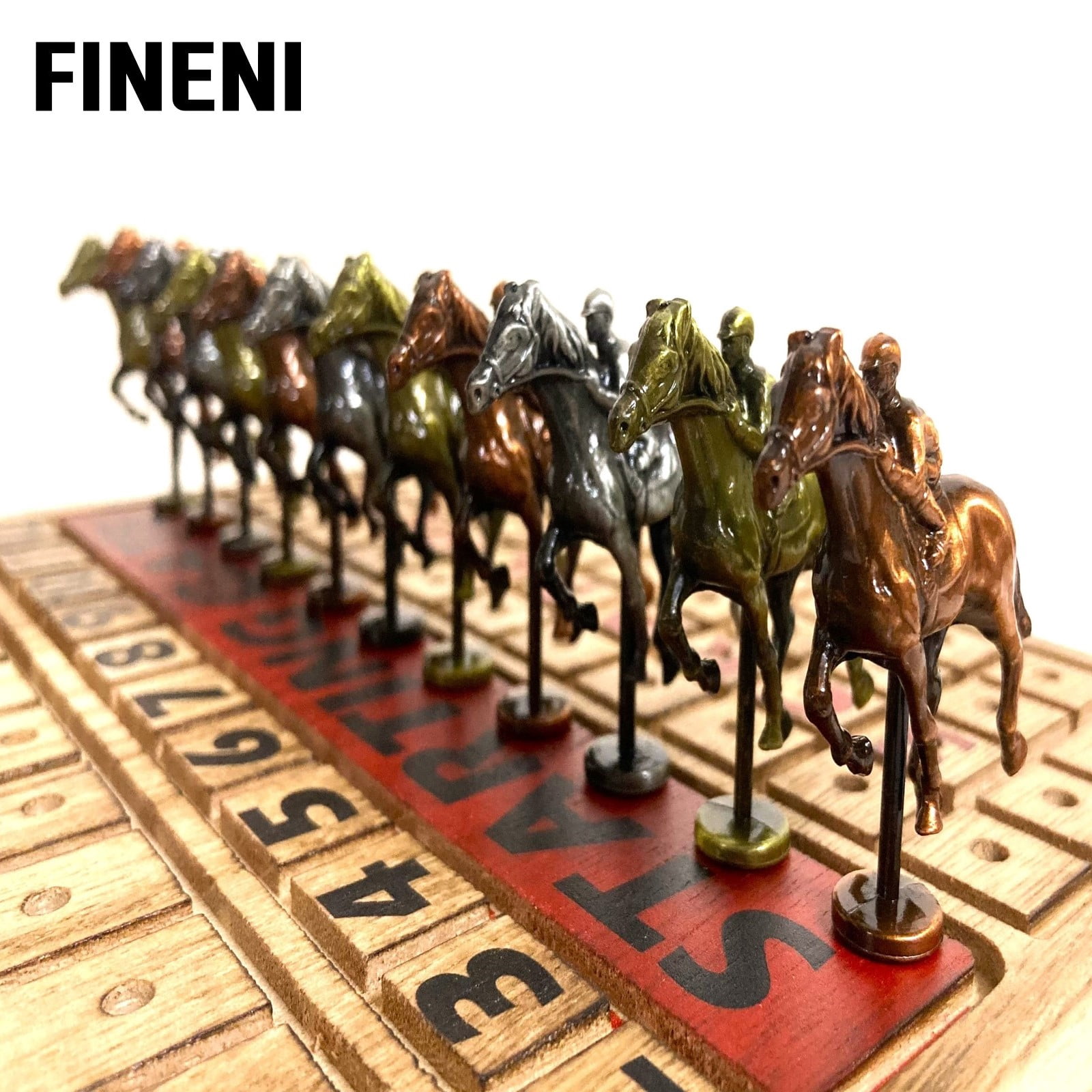 FINENI Horse Racing Game for Adults, Horse Race Board Game with 11 Antique Matt Metal Horses(Bronze, Brass, Silver), 19” Foldable Wood Horse Race Game Board, Dice & Card Included
