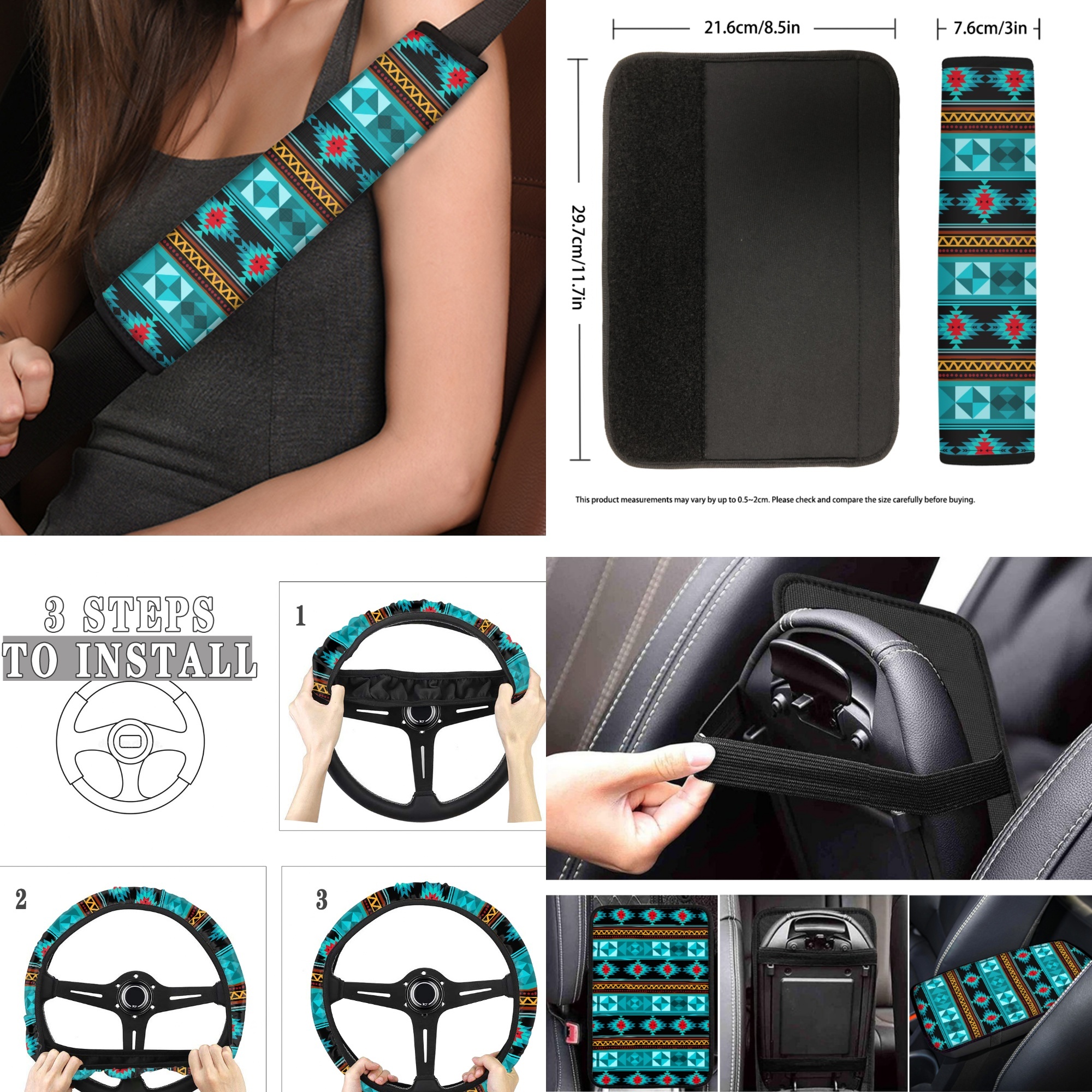 Jeiento Aztec Turquoise Car Accessories Full Set for Men, Navajo Design Automotive Vehicle Seat Cover, Decorative Car Floor Mat Steering Wheel Cover Center Console Pad Universal Fit