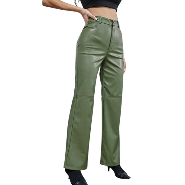Bulingna Women Leather Pants High Waist Straight Slimming Pocket Fall  Trousers