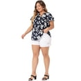 thumbnail image 3 of DARING DIVA Women's Plus Floral Print Ruffle Trim V Neck Blouse 1X Navy Blue, 3 of 6