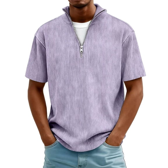 Stamzod Summer Quarter Zip Men Shirt Short Sleeve Stand Collar Corduroy Tops Casual Loose Oversized Shirts for Men Purple B L