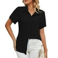 thumbnail image 6 of YYDGH Button Down Shirts for Women Solid Color Short Sleeve Blouse V Neck Collared Tops Black L, 6 of 6