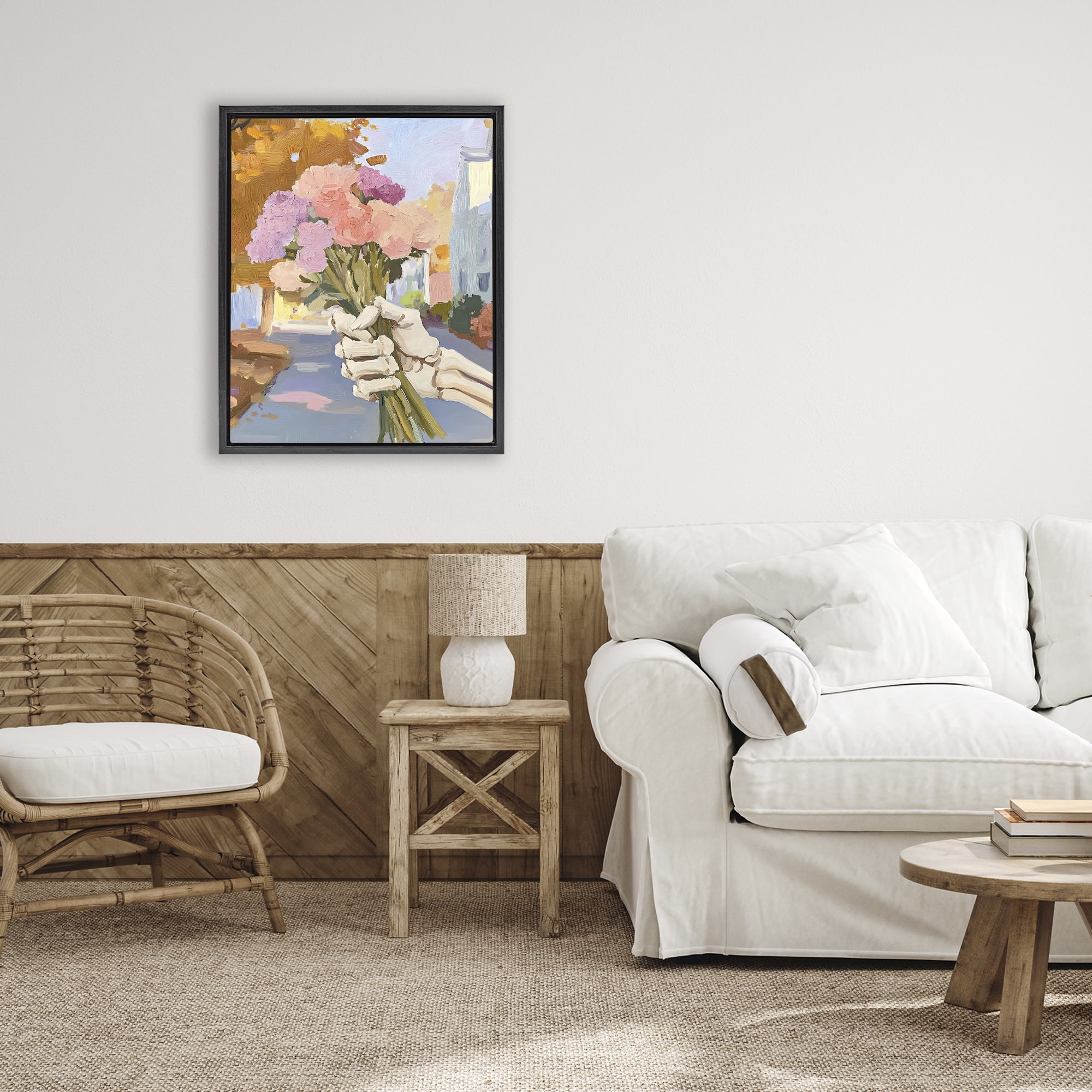 Stupell Industries Skeleton Hand Holding Flowers Black Framed Floater Canvas Wall Art, design by The Prints Vibe