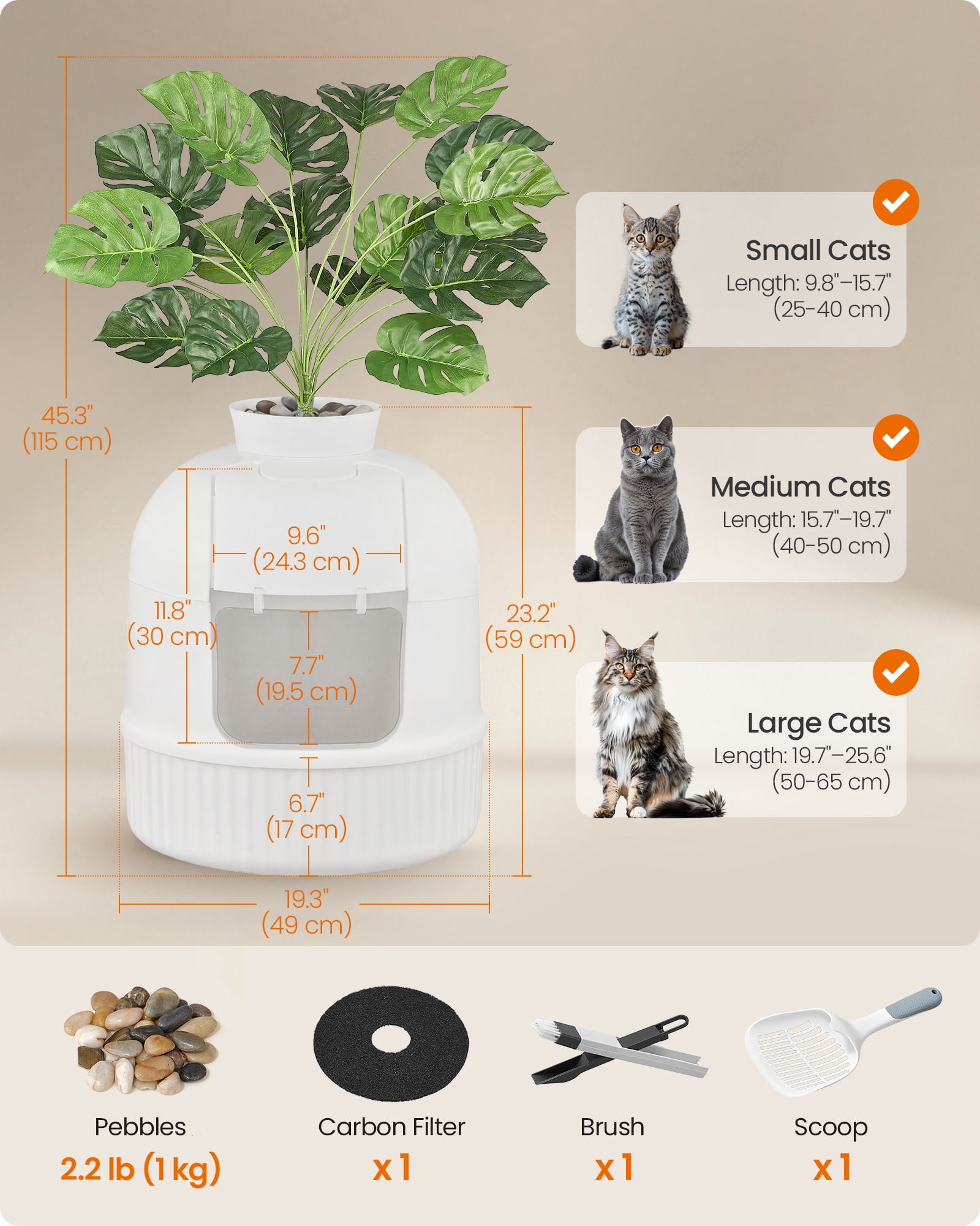 Feandrea Plant Cat Litter Box Enclosure with Artificial Plant, Enclosed Hidden Litter Box Furniture with Door, Carbon Filter, Cloud White