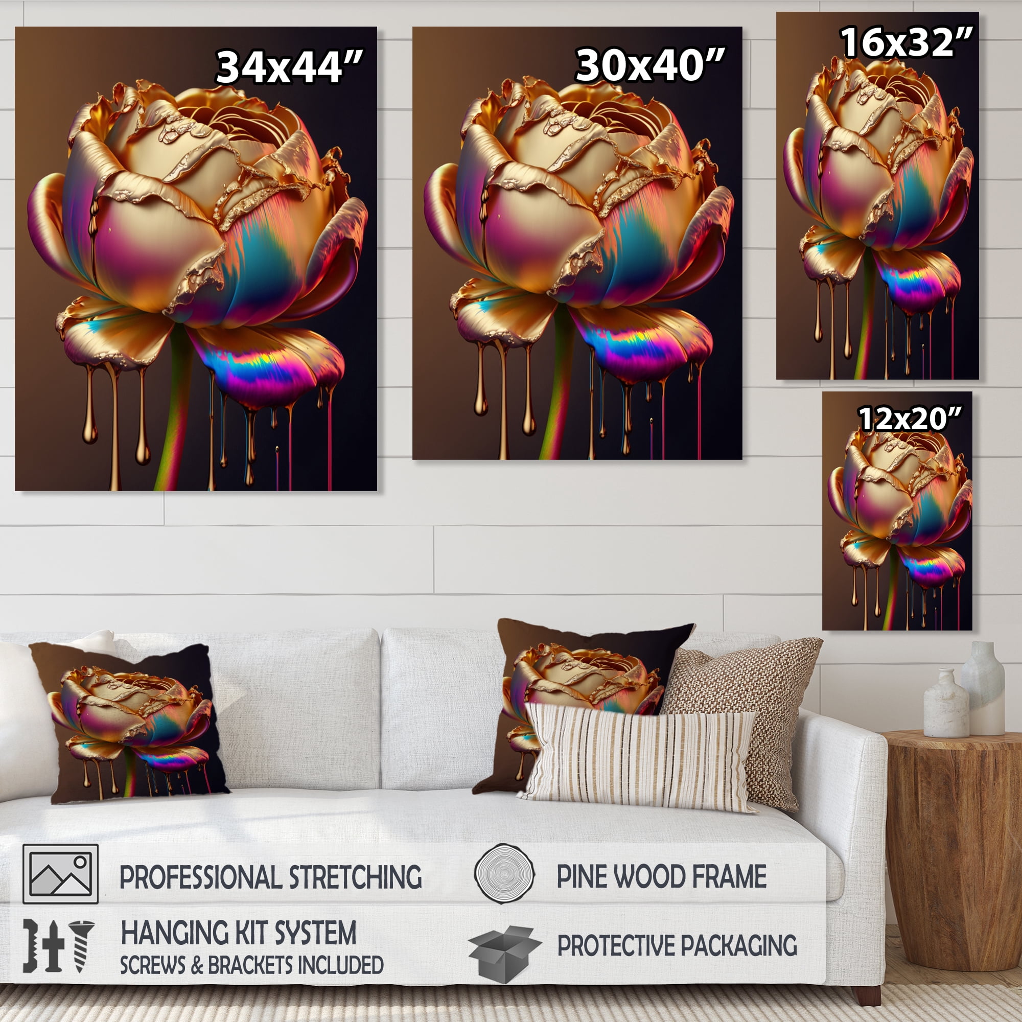Designart Rainbow Peony Liquid Gold Drips Hyper II Canvas Wall Art