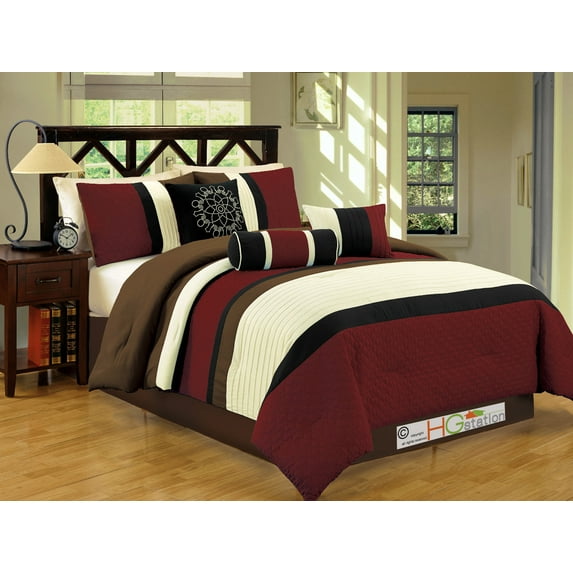 7-Pc Clover Trellis Floral Geometric Pleated Comforter Set Burgundy Black Coffee Off-White Queen