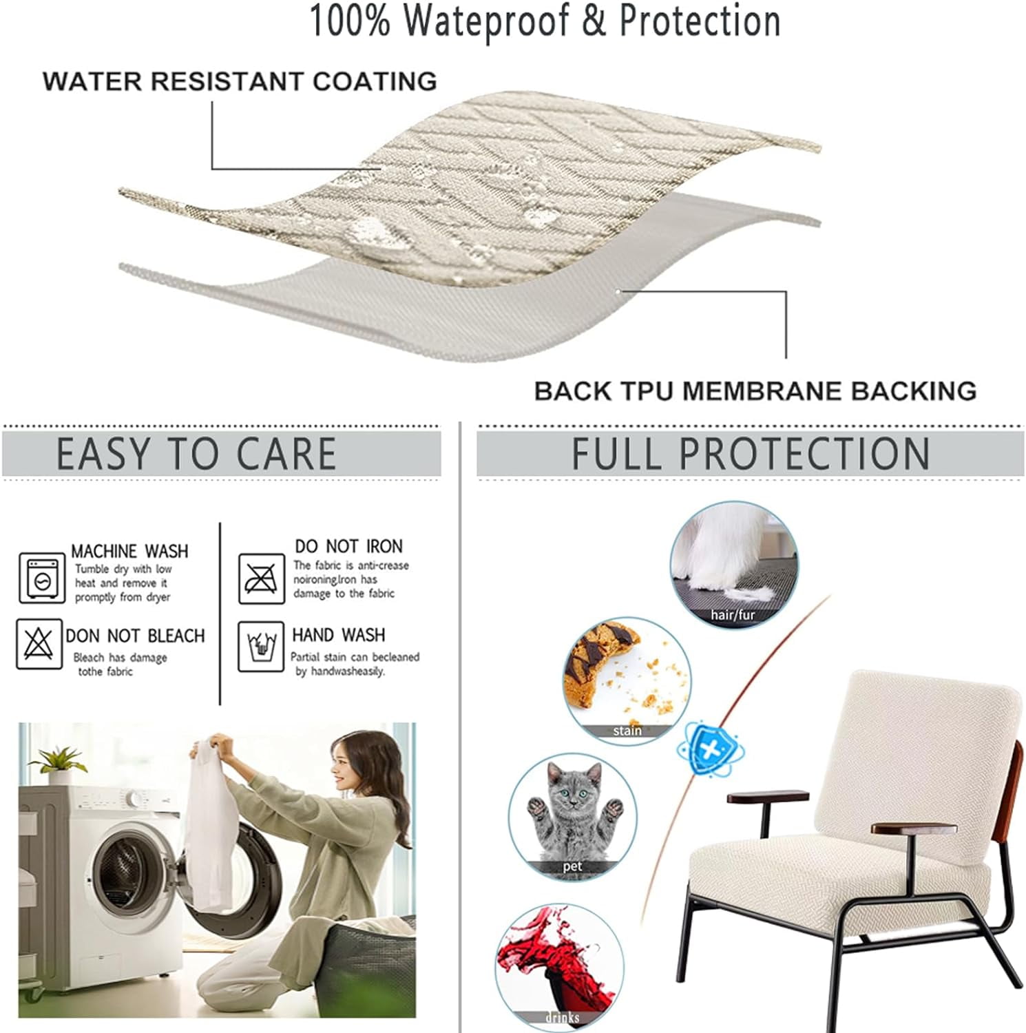 2 Pack 100% Waterproof Patio Sofa Cushion Covers, Stretch Outdoor/Indoor Individual Seat Cushion Cover Furniture Protector Sofa Slipcover, Beige
