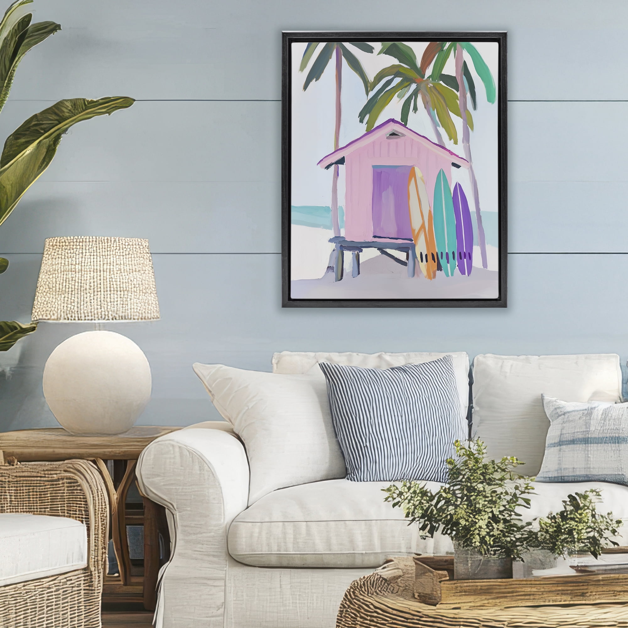 Stupell Industries Pink Beach Hut with Surfboards Black Framed Floater Canvas Wall Art, design by Sisi and Seb