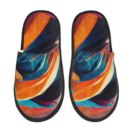 Balery Abstract Fabric Color Waves Slient Indoor Furry Fleece Comfort House Shoes Soft Non-Slip Home Shoes Cotton slippers House Slippers-- Large