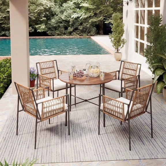 KAMEROUT 5 Pieces Outdoor Patio Dining Set with 4 Wicker Armchairs & 1 Dining Table for Backyard, Porch, Garden, Poolside, Beige Cushions