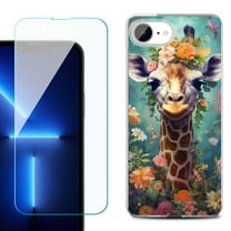 For For iPhone 16e Phone Case Cover, Shockproof Case with Tempered Glass Screen Protector, by OneToughShield - Giraffe Flower