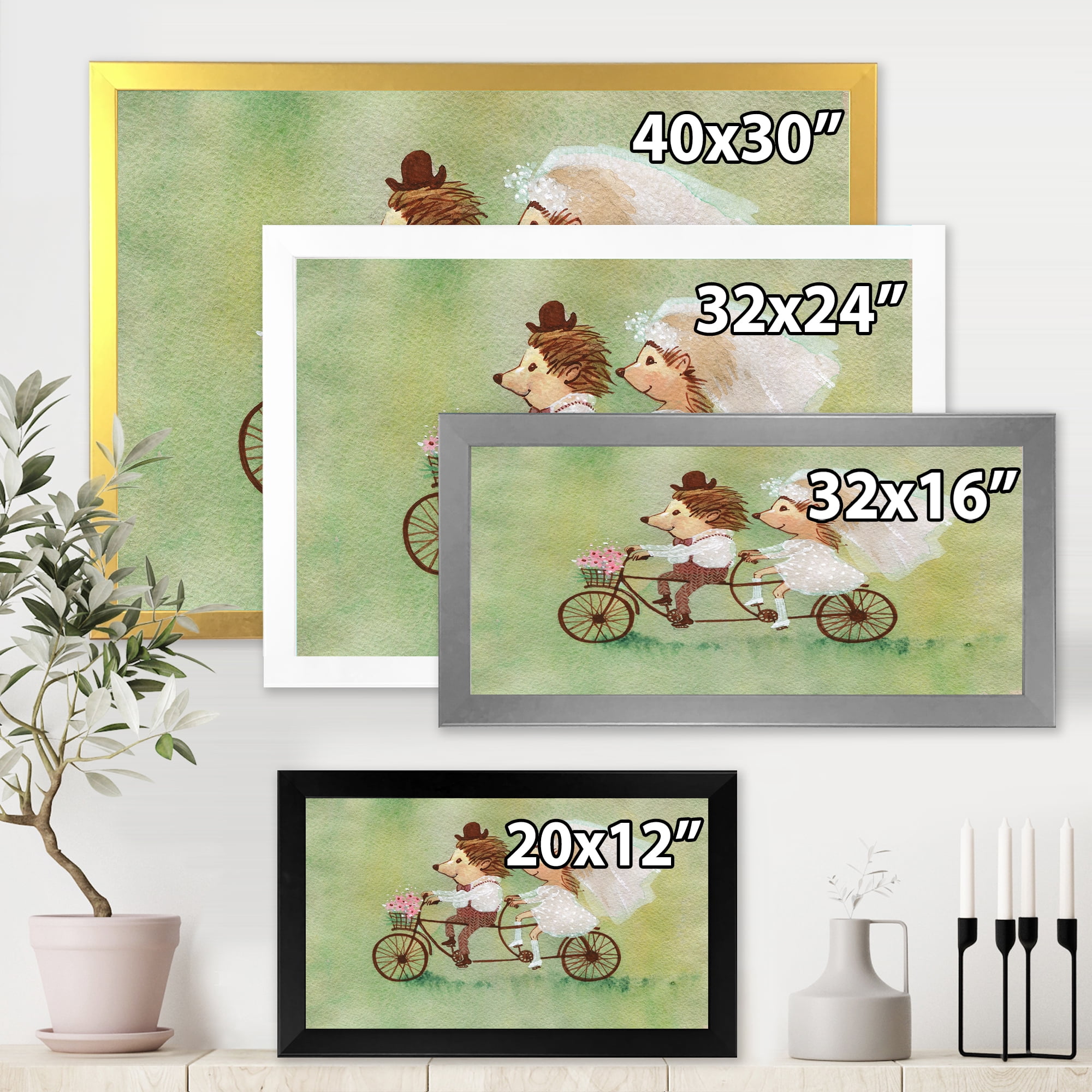 Designart 'Wedding Couple of Hedgehogs Riding A Bike' Traditional Framed Art Print