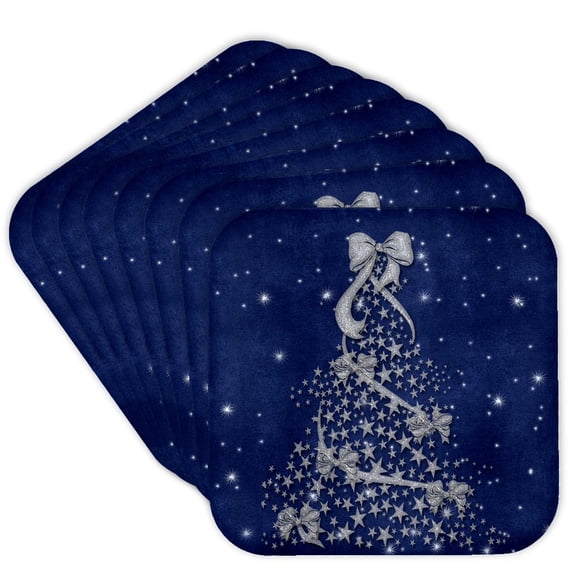 3drose, Blue and Silver Christmas Tree with Snow, Set of 8 Coasters - Soft