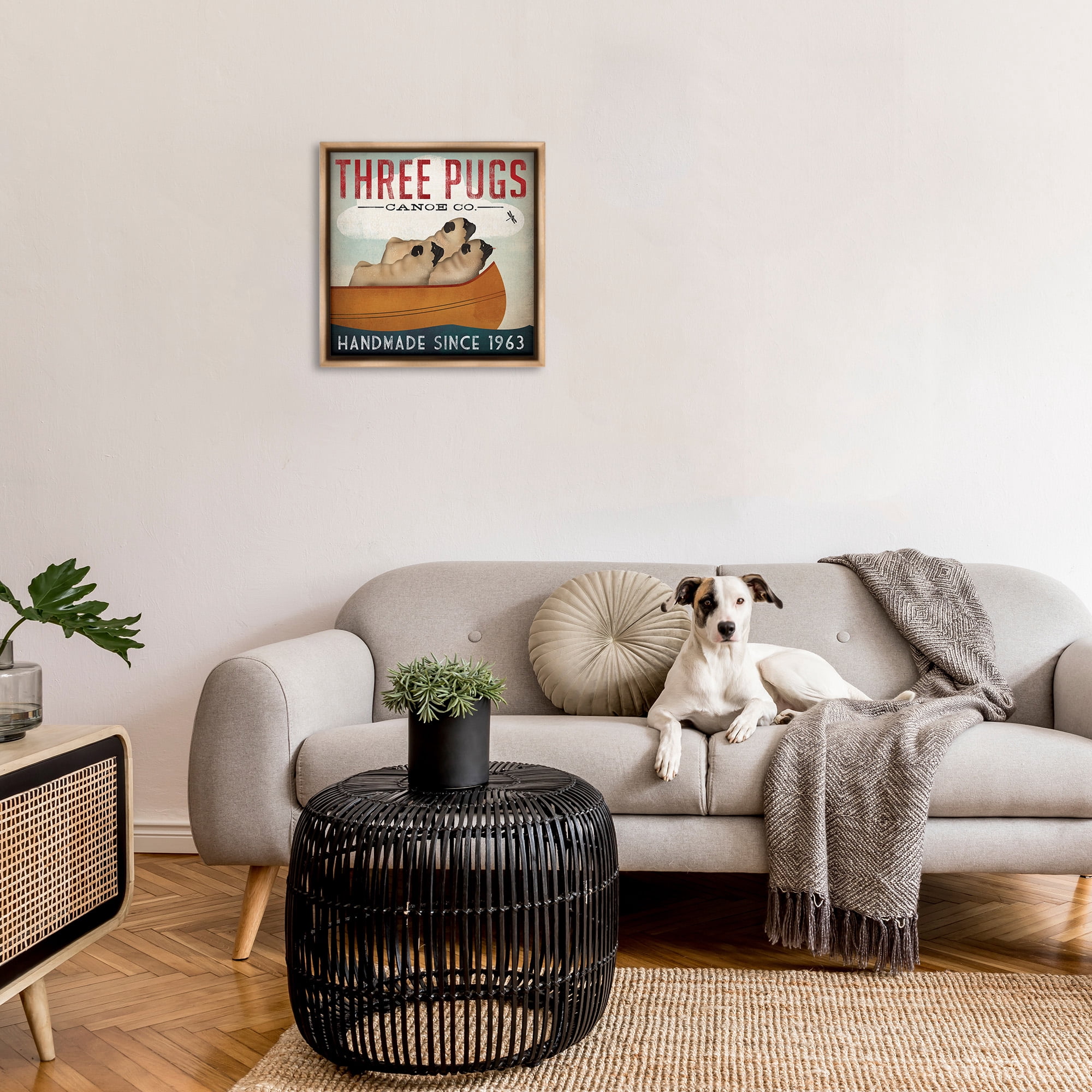 Stupell Industries Vintage Three Pugs in Canoe Animals & Insects Painting Brown Floater Framed Canvas Art Print Wall Art, 25 x 25