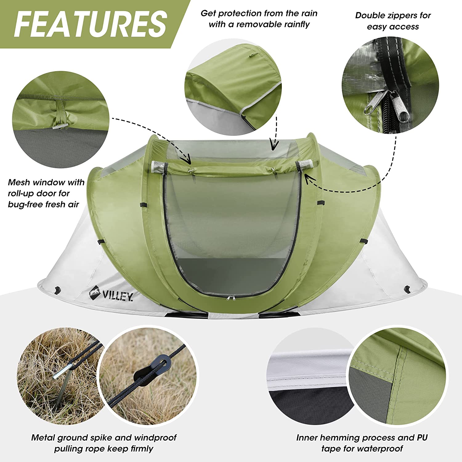 Carpa VILLEY para 2 personas de apertura rápida, impermeable, armado automático, ligera e instantánea para acampar, con bolsa de transporte para campamento, senderismo y viajes 5
