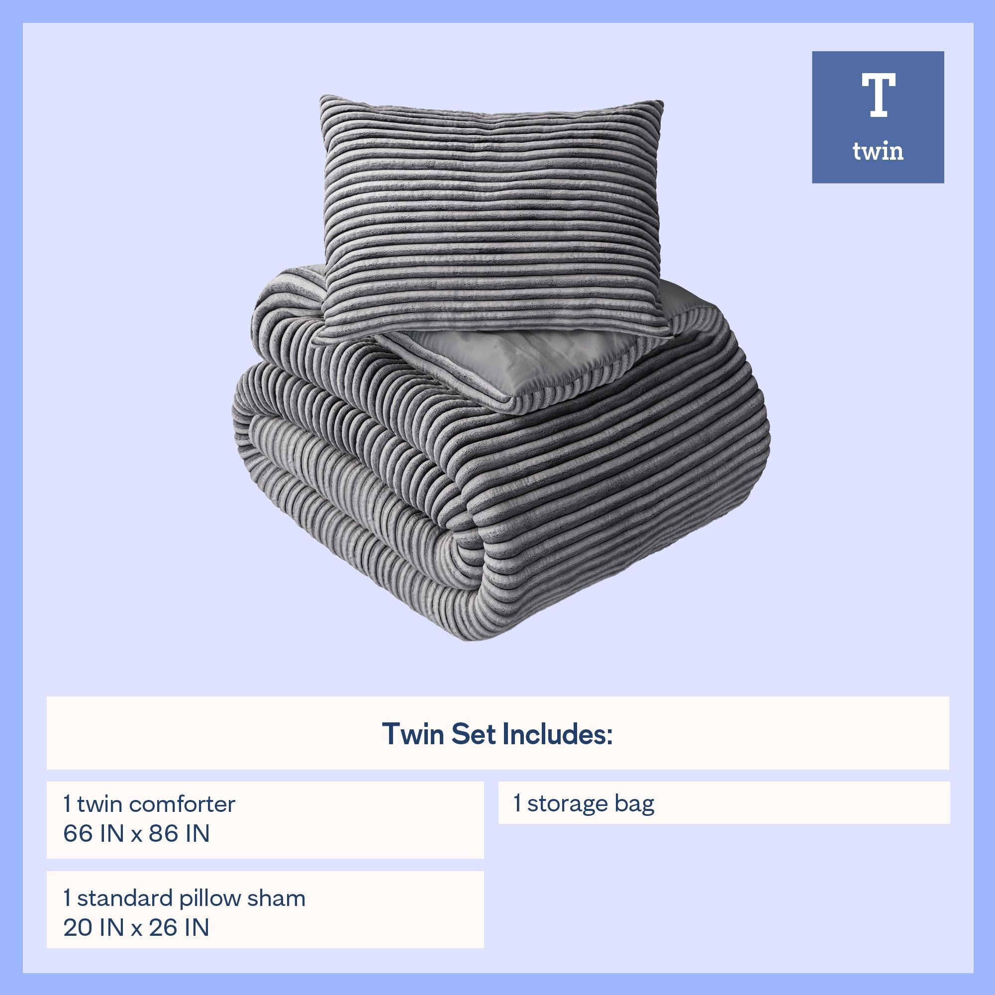 Mainstays Kids Gray Solid Plush Ribbed Corduroy Comforter Set, Twin, 2 Pieces