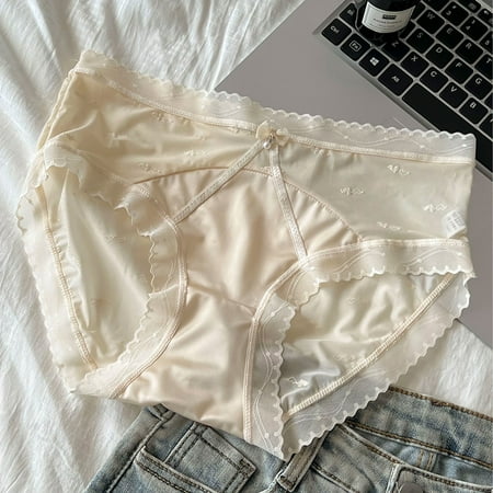 Womens Plus Size Underwear Women s Lace Underwear Mid-Waisted Ice Silk Full Cover Underwear Soft Satin High Waisted Panties Lightweight Breathable Underpant Briefs Beige