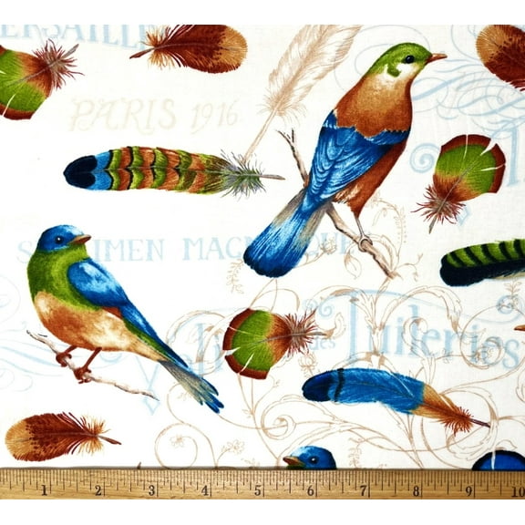 1 Fat Quarter - Colorful Birds & Feathers on Cream Cotton Fabric - 21" X 18"