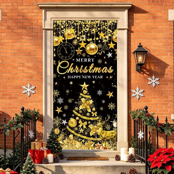 Merry Christmas Door Cover Banner, 35x71 Inch Gold Black Backdrop with Ornaments Snowflakes Tree Print, for New Year Holiday Party Photo Booth Indoor Outdoor Decor
