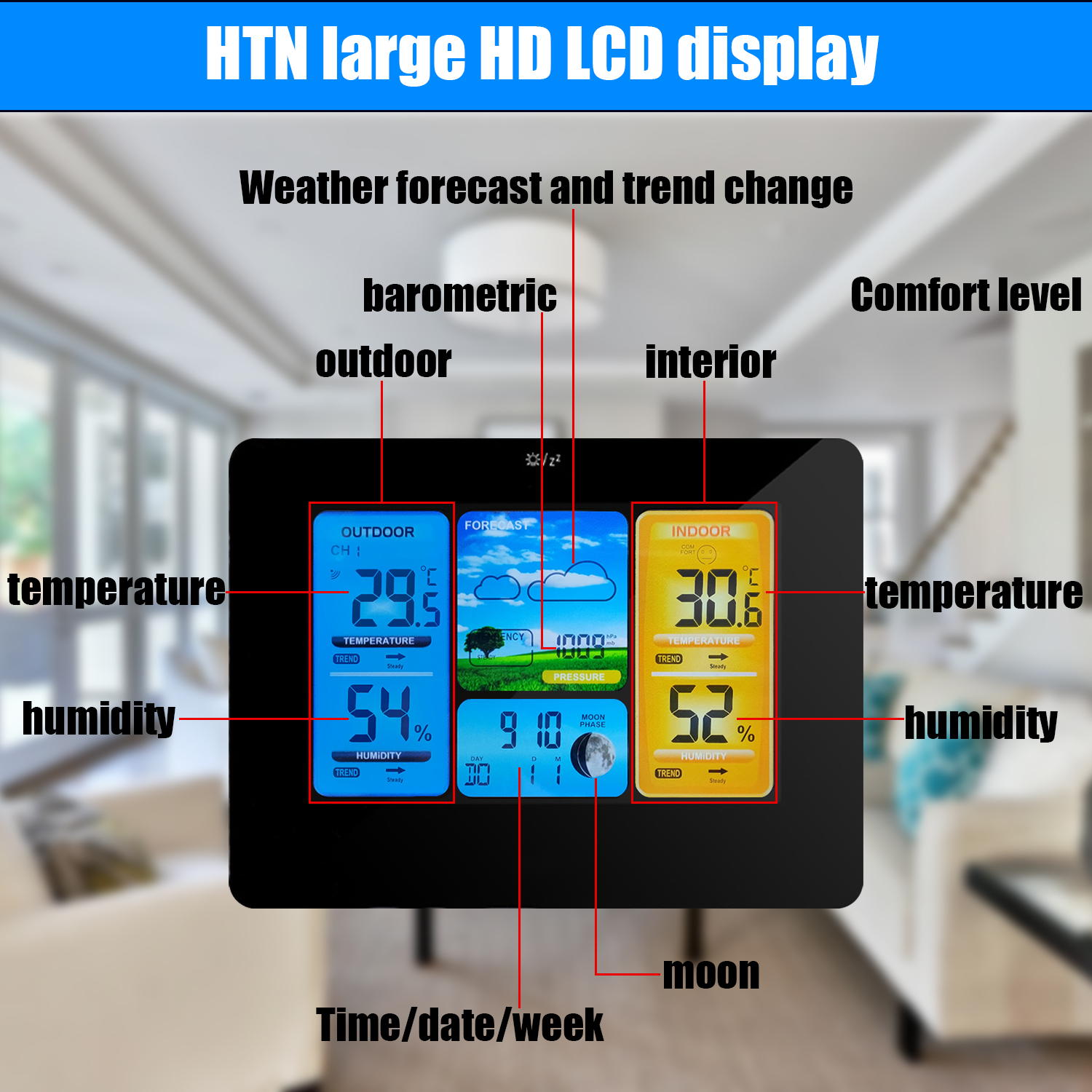 ASKITO Weather Station Wireless Indoor Outdoor Thermometer, Color LCD Display Digital Thermometer Humidity Monitor for Home, Black