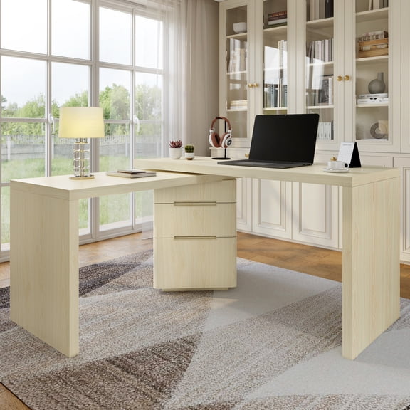 90" Modern L Shaped Desk with 3 Drawers, 360° Wood Rotating Desk, Executive Office Corner Desk, Wood Study Workstation, for Home Office or Living Room, Natural