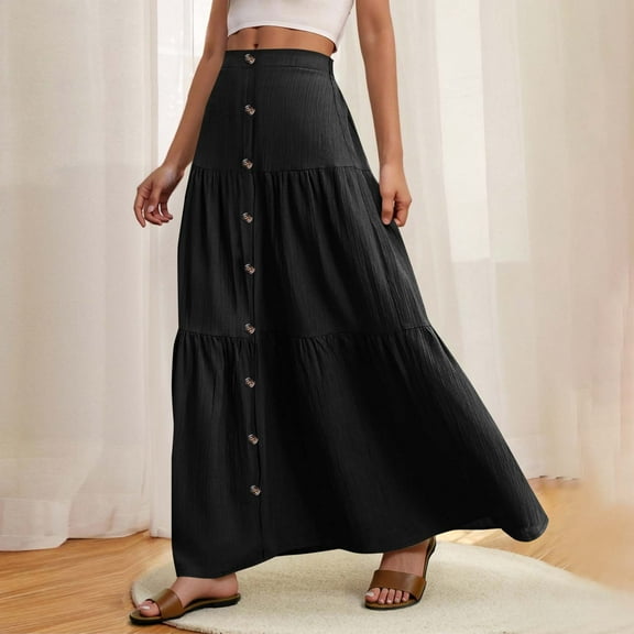Women's Maxi Skirts Solid Color Wavy Wrinkle-Breasted Button Long Skirts Fashion Loose A-Line Flowy Skirts Casual Elastic High Waist Tie Pocket Ankle Skirt