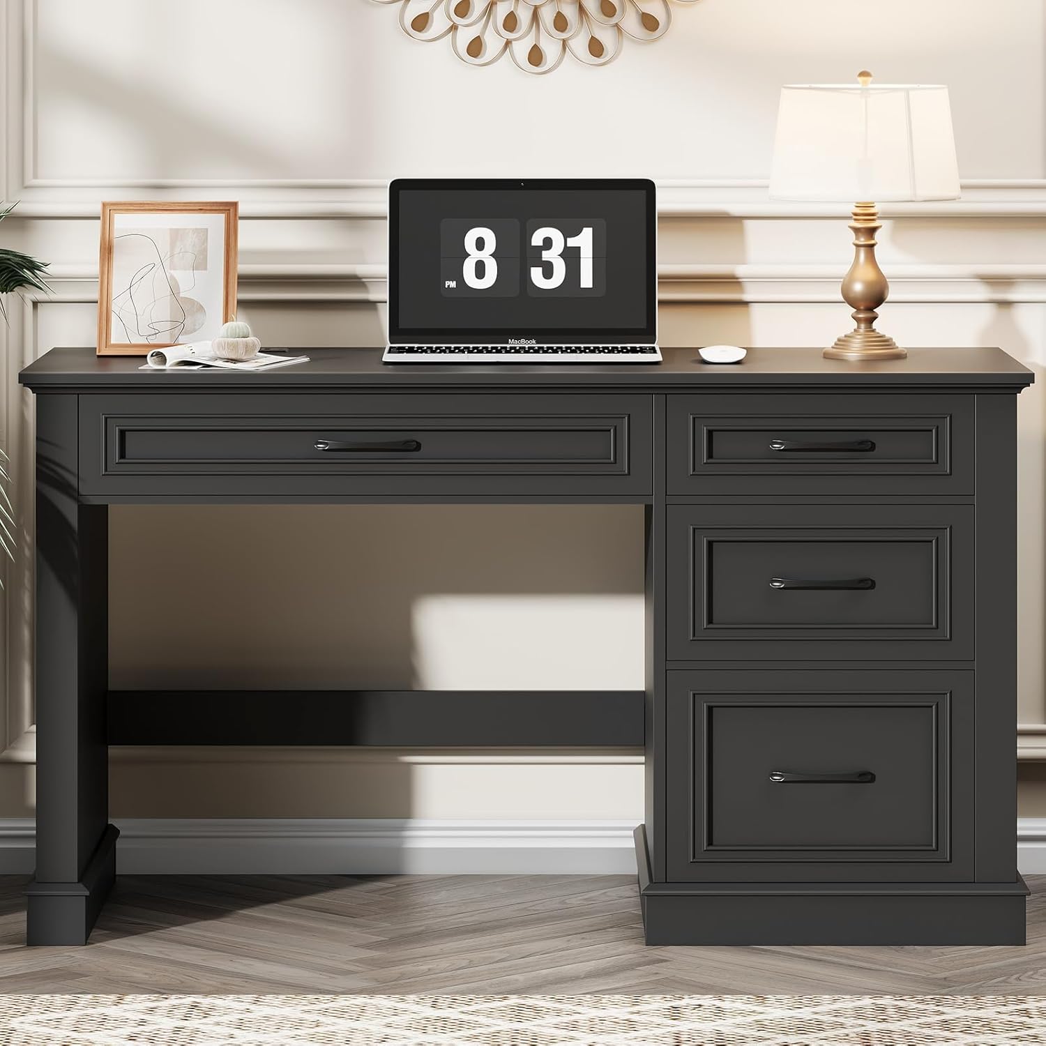 Farmhouse 47" Executive Desk, Computer Desk with Drawers and File Drawer, Workstation Computer Desk with Charging Station for Home Office, Study,Pure Black.