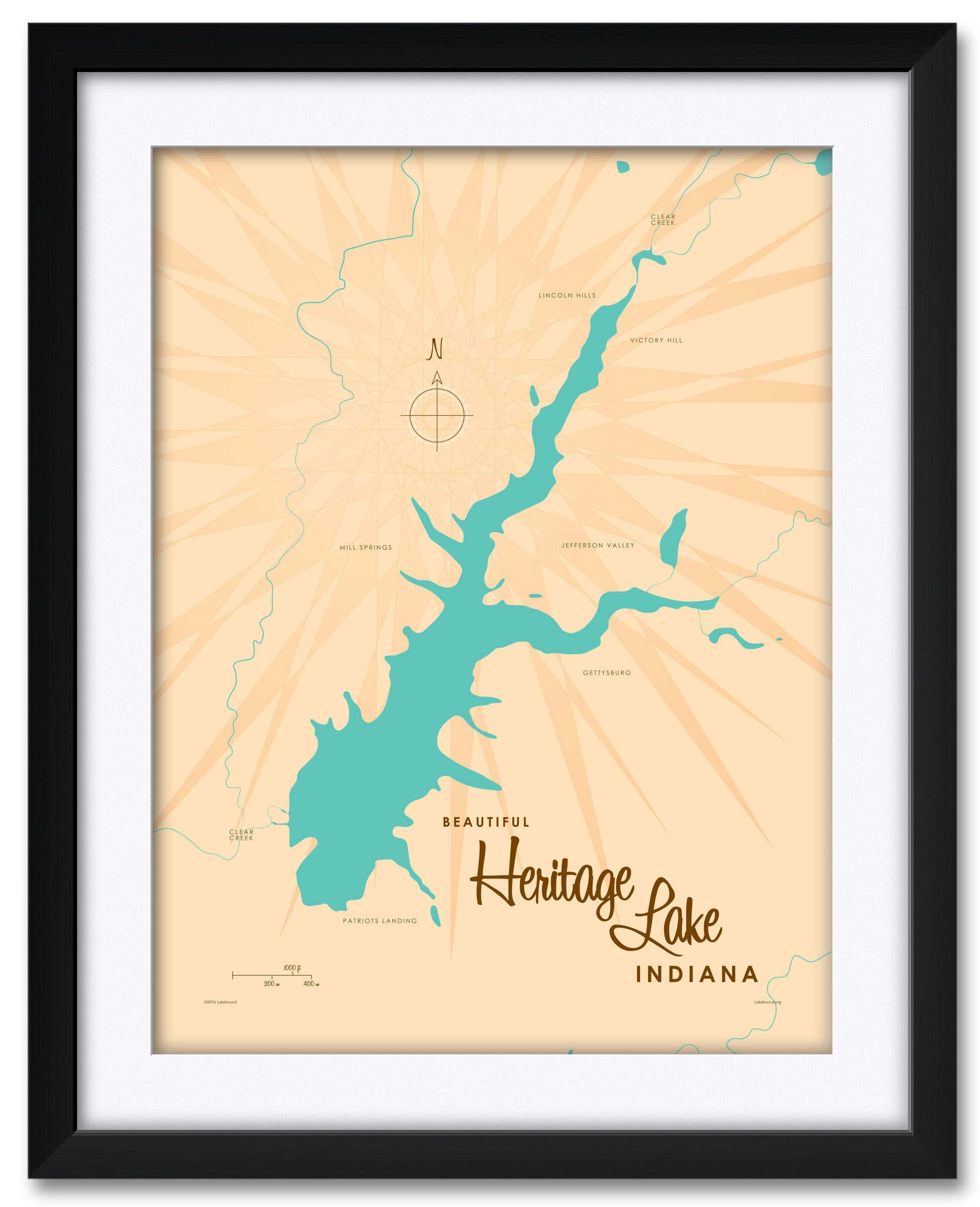 Heritage Lake Indiana Map Framed & Matted Art Print by Lakebound