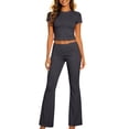 thumbnail image 2 of zejinsd Two Piece Sets for Women Short Sleeves Crop Tops with High Waist Fit Flare Pants Sets Casual Outdoor Tracksuits Yoga Fitness Outfit, 2 of 7