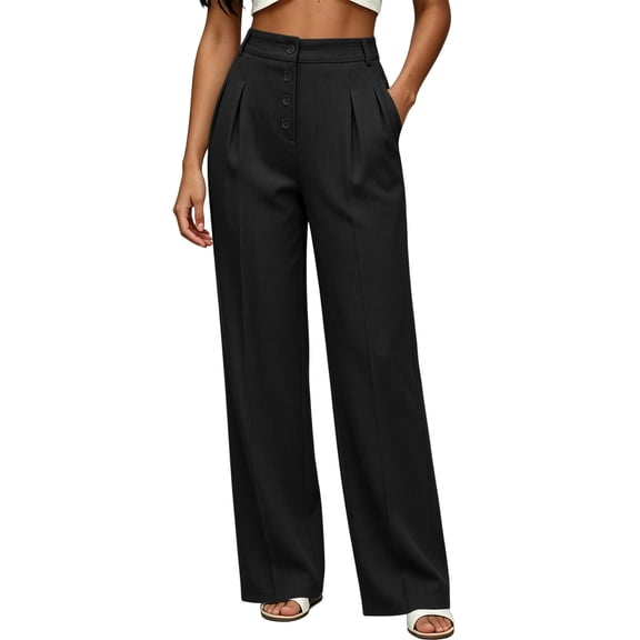 Sahpxhe Work Pants for Women High Waist Wide Leg Palazzo Front Button Dress Pants Casual Loose Business Office Trousers Black XXL