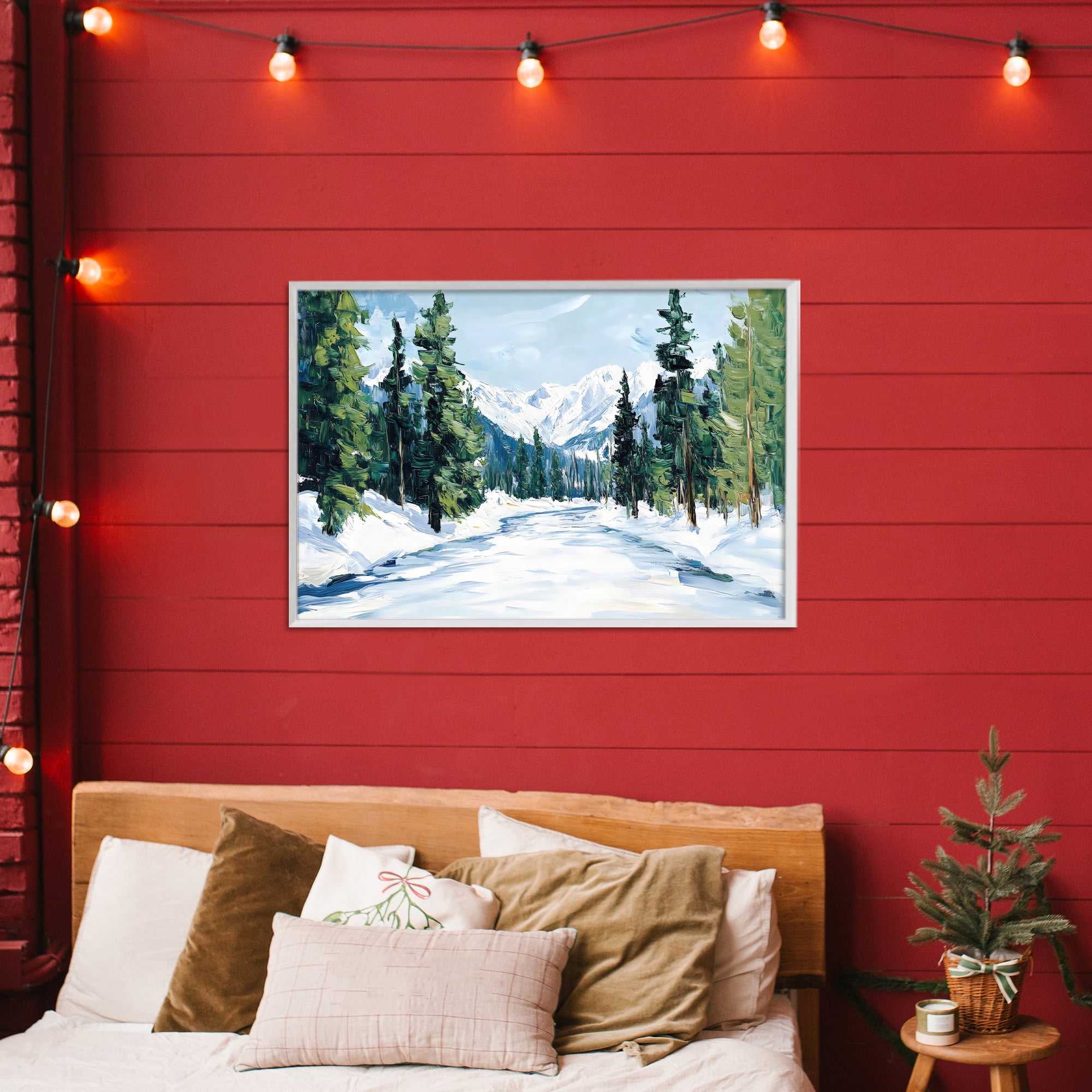 Snowy Tall Tree Pass White Framed Giclee Art, design by Petal Prints Design