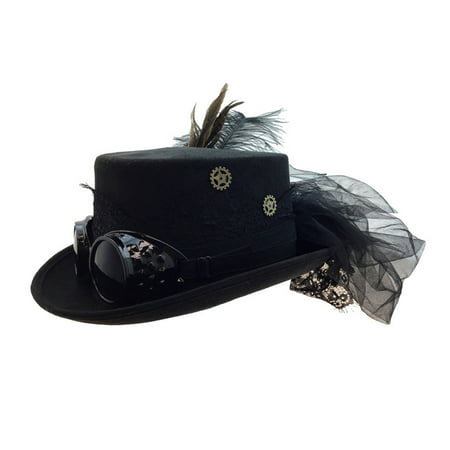 Attitude Studio Steampunk Costume Fedora Hat with Goggles Feather Gears - Black