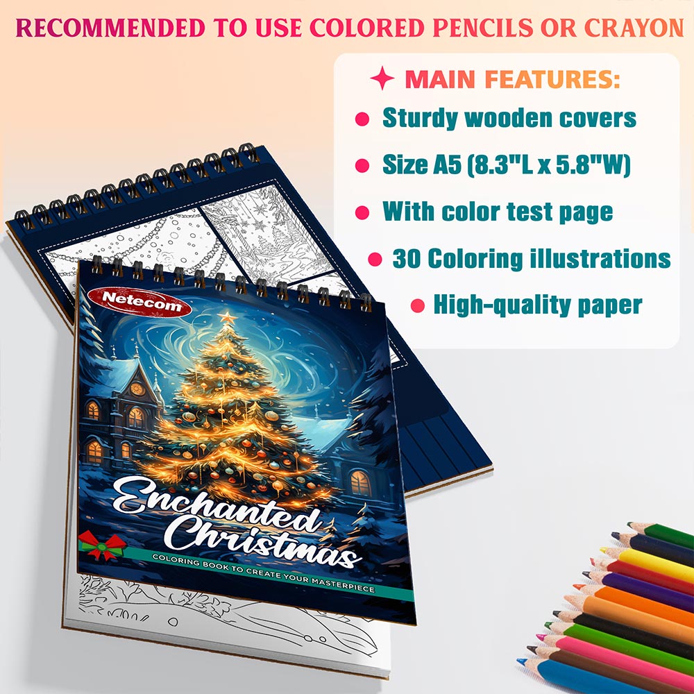Netecom Enchanted Christmas Coloring Book Spiral Bound for Adults, A5 Wooden Cover, 30 Beautiful Coloring Pages of Mesmerized Christmas Scenes for Stress Relief and Relaxation