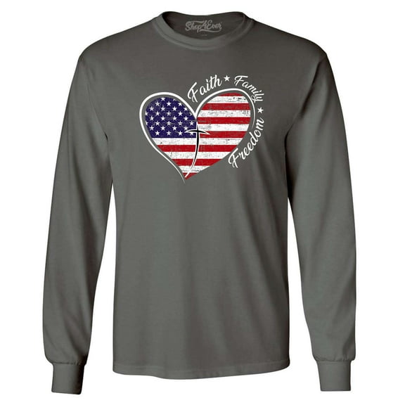 Shop4Ever Men's Faith Family Freedom American Flag Heart USA Long Sleeve Shirt X-Large Charcoal