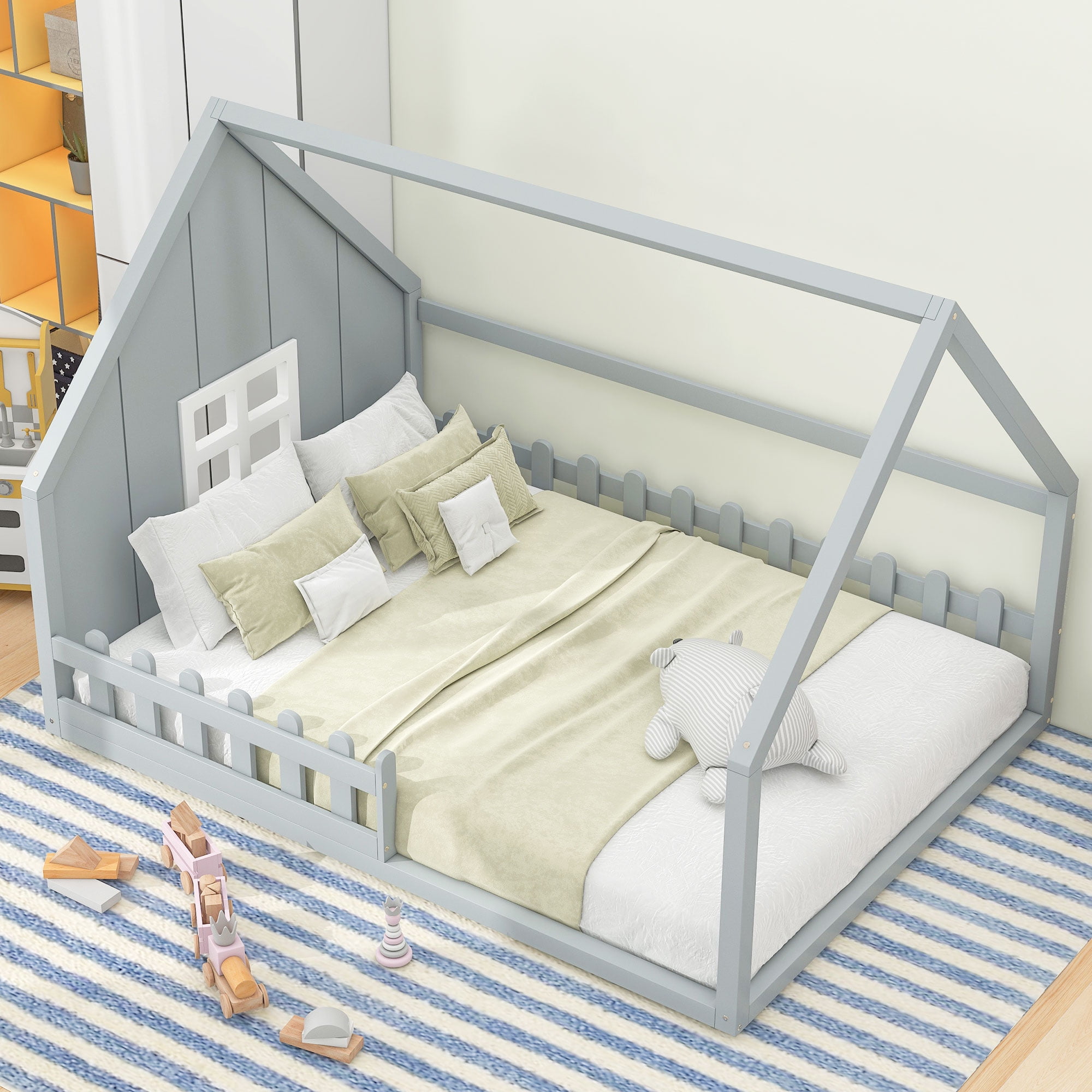 Euroco Wood Full Size House Bed, Low Profile Platform Bed, Gray
