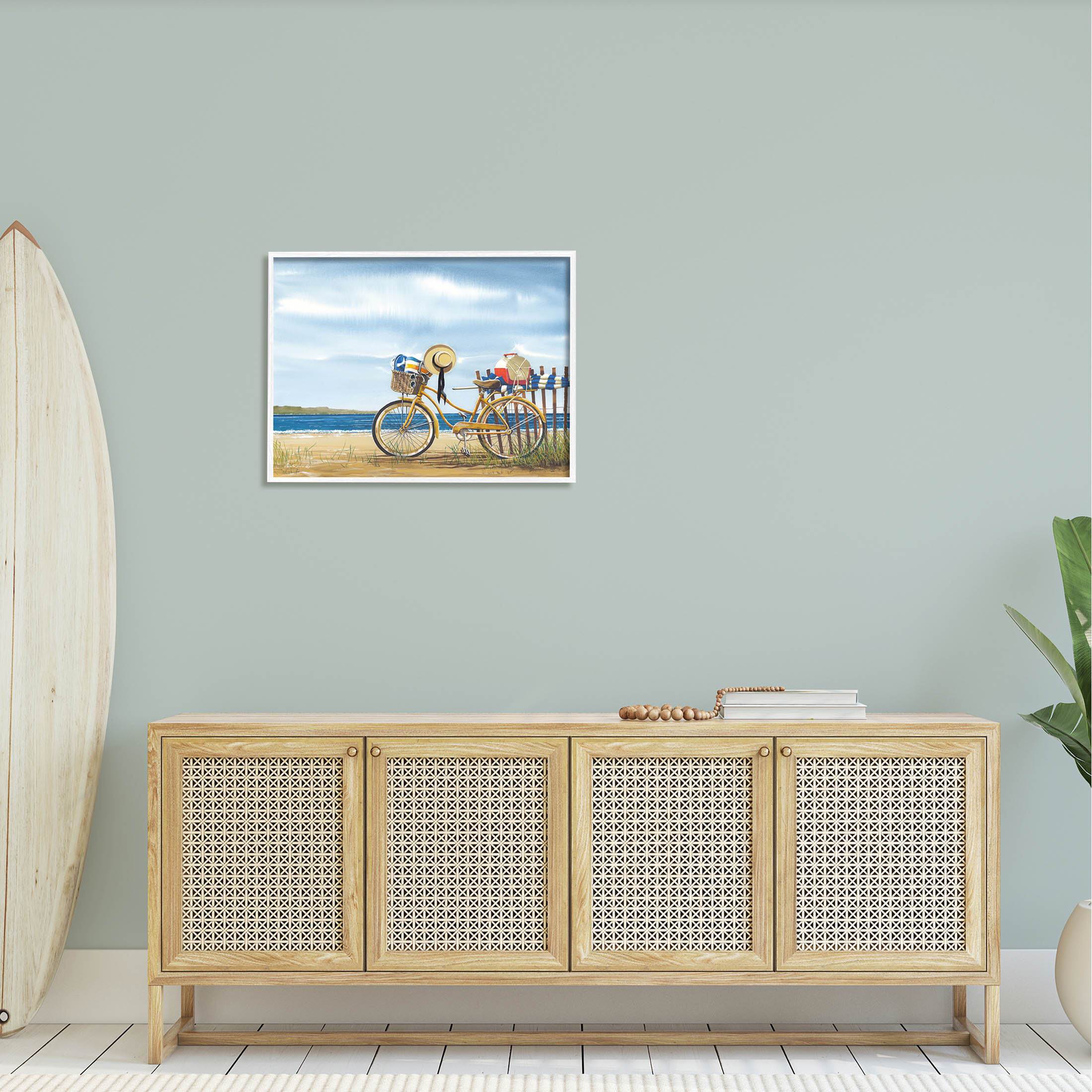 Summer Bike Beach Day Waves Coastal Painting White Framed Art Print Wall Art