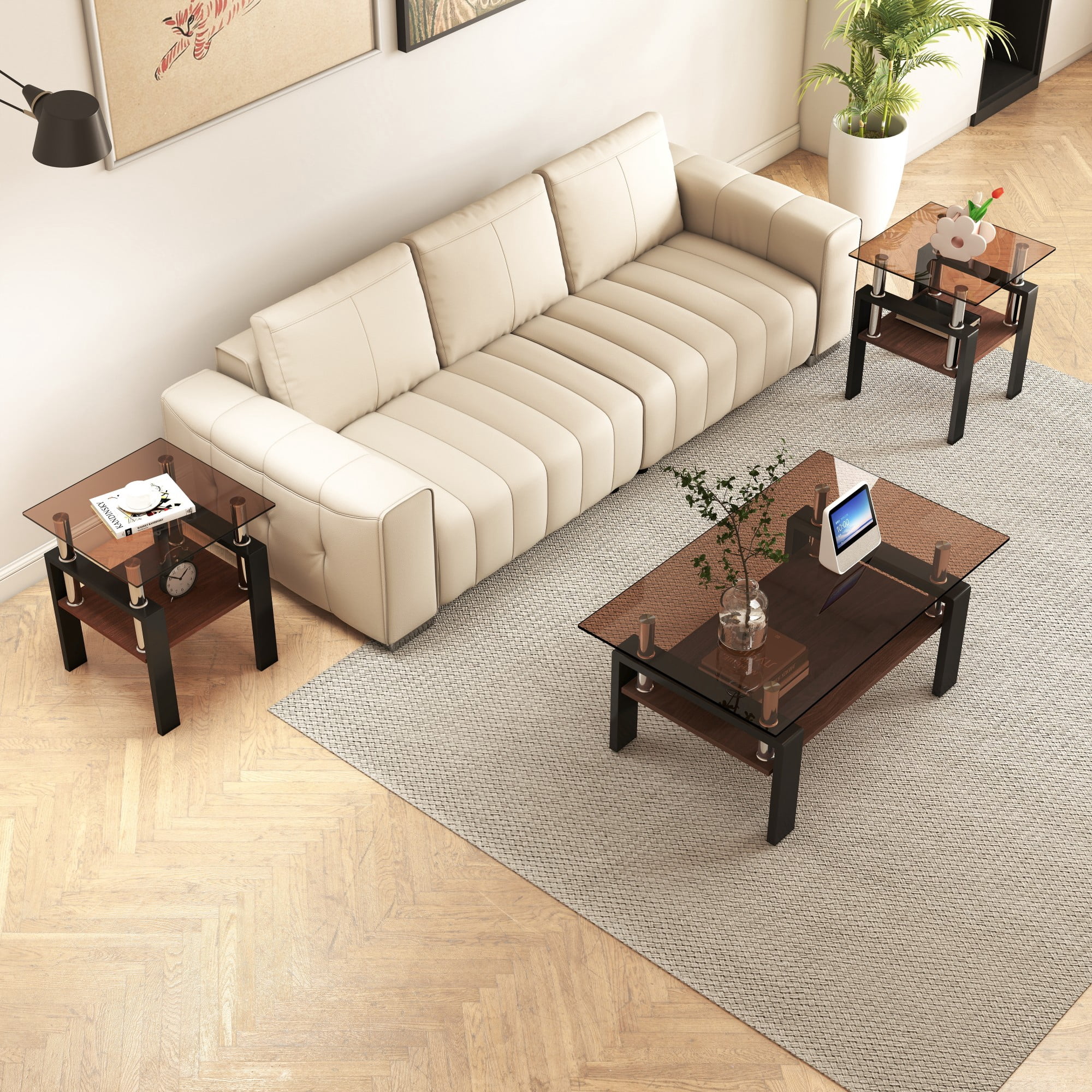 Euroco Set of 2 Modern Tempered Glass Tea Table ,Tempered Glass Tabletop with MDF Layer,Coffee Table,End Table, Square Table for Living Room, Brown/black