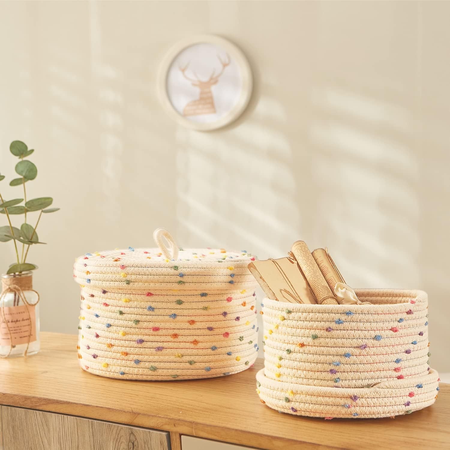 ZWHong 2-Pack Small Rope Basket with Lid, 10&8 Inch Round Woven Storage Baskets Set with Colorful Rainbow Pompom, 100% Natural Cotton Decorative Organizer for Home, Toys, Nursery