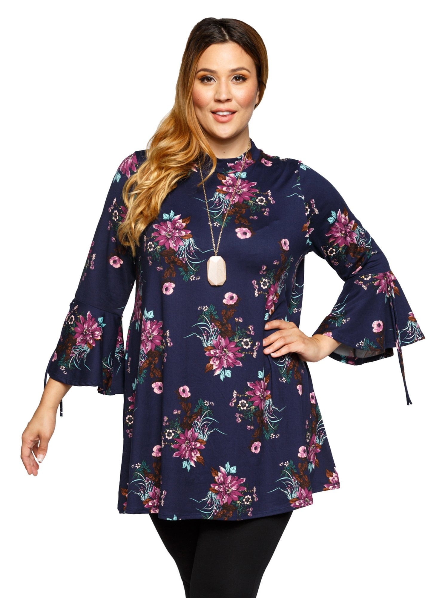 Xehar Womens Plus Size Stylish Mock Neck Floral Print Tunic Top