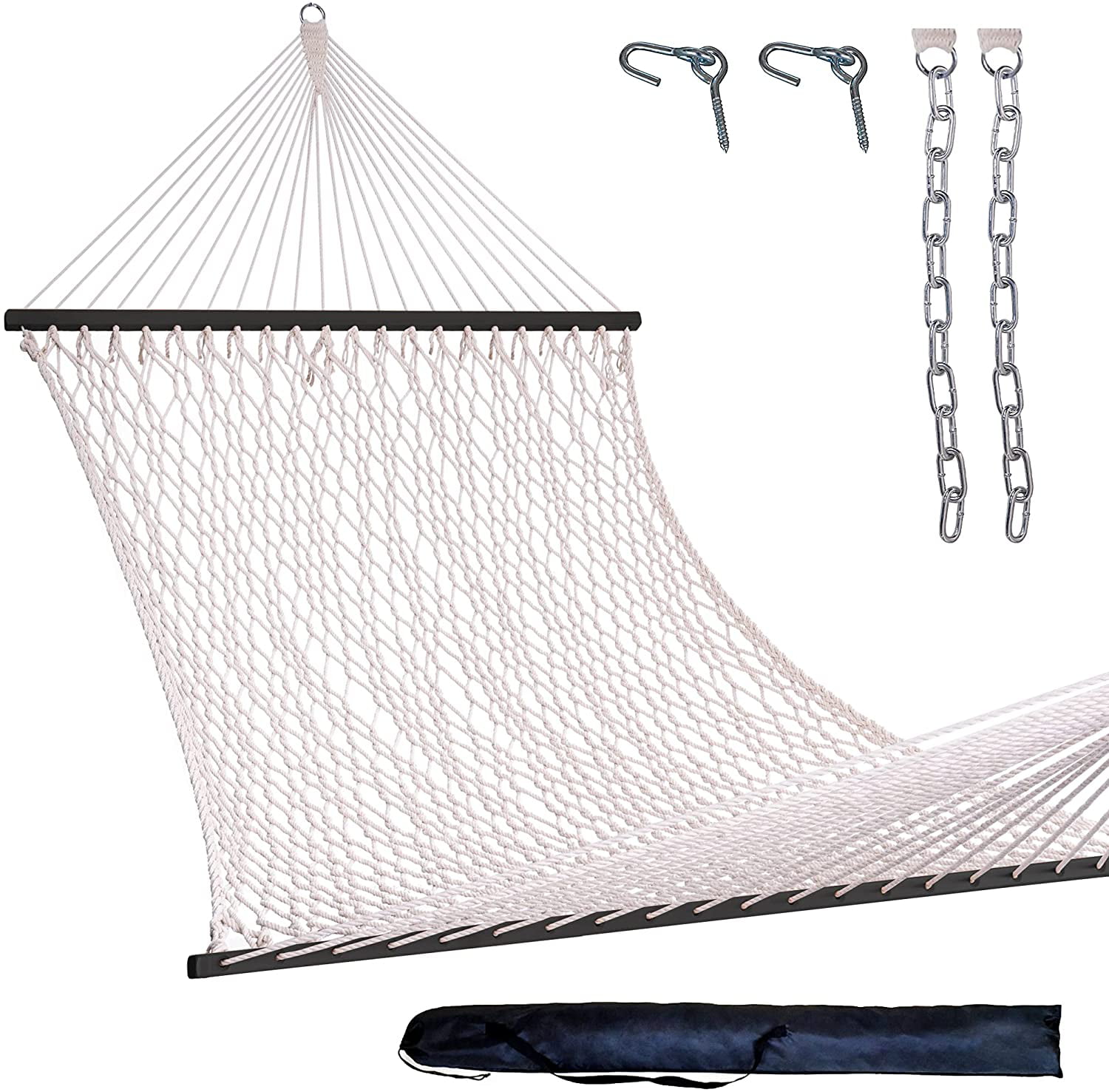 Traditional Hand Woven Cotton Hammock with Spreader Bar Natural & Black Indoor,Poolside for 2 People Max 450 Lbs Lazy Daze 13FT Double Rope Hammocks Carrying Bag and Tree Hooks for Outdoor 